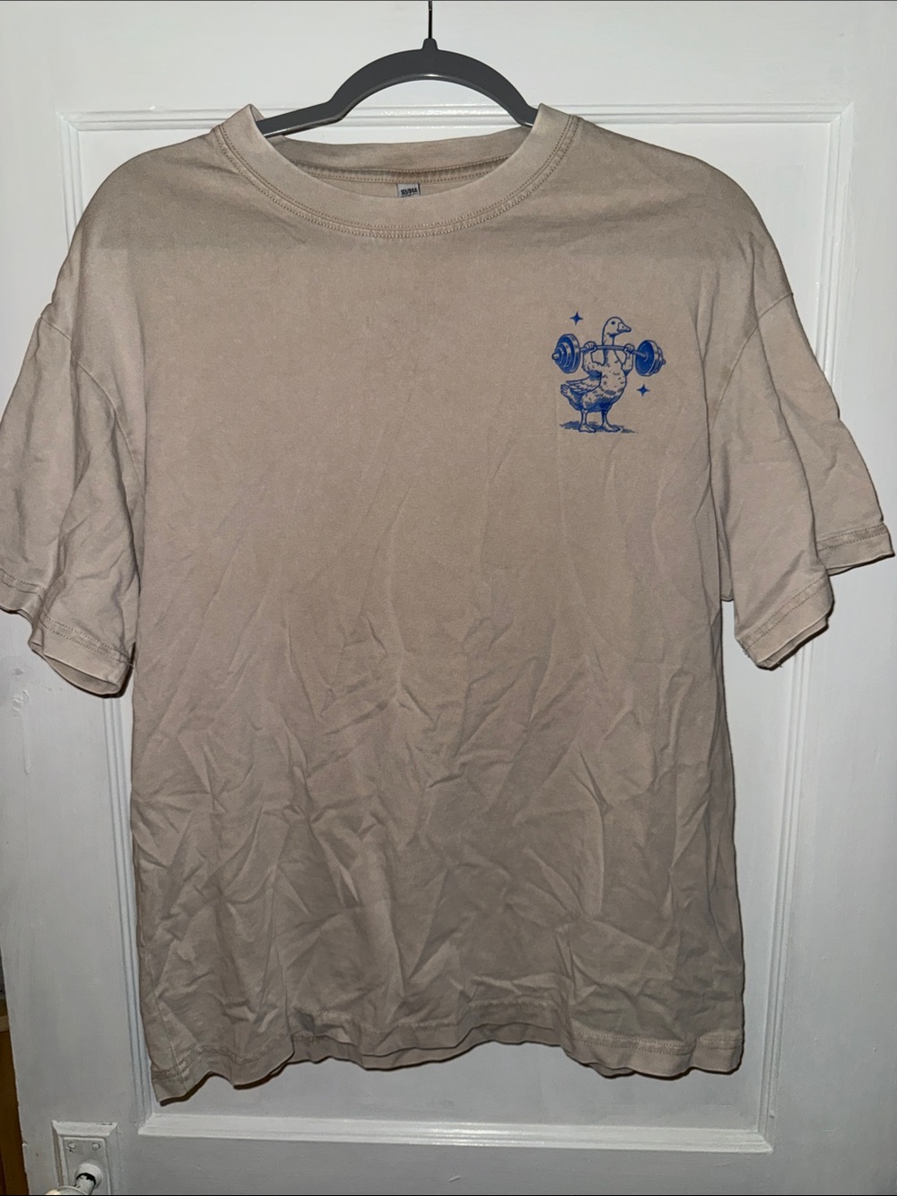Gildan Tan Short Sleeve Tee with Blue Weightlifter Chest Graphic